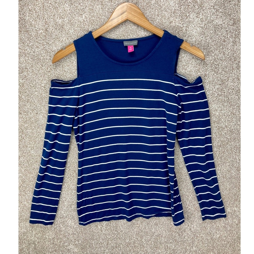 Vince Camuto Cold Shoulder Stripe Top Women XS Navy Blue Long Sleeve Summer Chic